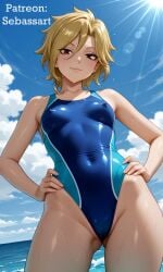 ai_generated blonde_hair blush bodysuit curvy dimaria_yesta erect_nipples erect_nipples_under_clothes fairy_tail flirting hand_on_hip looking_at_viewer paid_reward_available patreon sebassart sexy short_hair small_waist smile solo sweat swimsuit thick_hips thick_thighs thin_waist tight_clothing wet