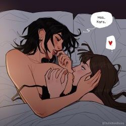1futa 1girls bed big_breasts black_eyes black_hair blanket blue_eyes bra_pull breast_sucking brown_hair female futanari hand_on_another's_head hand_on_breast holding_breast light-skinned_female light-skinned_futanari looking_at_another on_side original_character pillow romantic short_hair squeezing_breast submissive_futa sucking_nipples theredhoodbunny wholesome wholesome_couple
