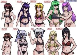 10girls big_breasts black_bra black_eyes black_hair black_panties black_underwear blonde_hair blue_eyes breasts brown_eyes brown_hair date_a_live ellen_mira_mathers eyeshadow female female_only flat_chest glasses green_eyes green_hair grey_hair honjou_nia indigo_hair izayoi_miku kusakabe_ryouko kyouno_natsumi kyouno_natsumi_(adult) leopard_print leopard_print_panties light-skinned_female light_skin lineup lingerie lingerie_only lipstick long_hair mature_female multiple_girls murasame_reine okamine_tamae orange_hair pink_bra pink_lipstick pink_panties pink_underwear pluchearts purple_bra purple_lipstick purple_panties purple_underwear red_bra red_eyes red_lipstick red_underwear short_hair silver_hair small_breasts smaller_female standing star_eyes taller_female tokisaki_kurumi underwear underwear_only white_bra white_panties white_underwear yamai_yuzuru yatogami_tohka yellow_bra yellow_hair yellow_panties yellow_underwear younger_female