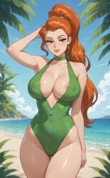 1girls ai_generated areola_peek armpit_crease armpits beach cleavage earrings eyelashes eyeshadow female female_only ginger_hair green_clothing green_eyes hair_strand hair_tie high_ponytail hourglass_figure inner_sideboob large_breasts light-skinned_female lipstick long_hair looking_at_viewer narrow_waist nipple_outline ocean ocean_background one-piece_swimsuit one_arm_behind_head one_piece_swimsuit outline palm_leaf palm_tree pelvic_line ponytail rgomez007 sam_(totally_spies) seductive_look self_upload shiny_clothes smiling_at_viewer solo_female stable_diffusion standing swimsuit thick_eyelashes thick_lips thick_thighs totally_spies tropical warm_lighting wide_hips zipper zipper_down