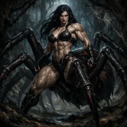 1girl ai ai_generated barely_clothed black_hair cave humanoid hyper_muscles spider_girl spider_humanoid spider_web thijsboiii