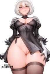 1girl 2b_(nier:automata) ai_generated artist_name bangs black_dress blue_eyes blush breasts cleavage cleavage_cutout clothing_cutout dress explicit from_below gloves hairband juliet_sleeves large_breasts lips long_sleeves looking_at_viewer medium_breasts mole mole_under_mouth nier:_automata nier_(series) no_panties nuageeart puffy_sleeves pussy pussy_juice short_hair simple_background skindentation smile solo thick_thighs thighhighs thighs uncensored white_background white_gloves white_hair yorha_2b yorha_no._2_type_b