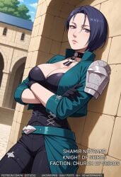 1girl against_wall ai-created ai_generated armor arms_under_breasts artist_name belt black_choker black_gloves black_hair black_pants blue_hair bodice breasts bustier busty choker cleavage closed_mouth clothing cowboy_shot cropped_jacket crossed_arms day english_language english_text female fire_emblem fire_emblem:_fuukasetsugetsu gloves green_belt green_jacket high_resolution jacket large_breasts lingerie lips looking_at_viewer open_clothes open_jacket outdoors pants patreon_username purple_eyes shamir_nevrand short_hair shoulder_armor solo standing text username wodstudio