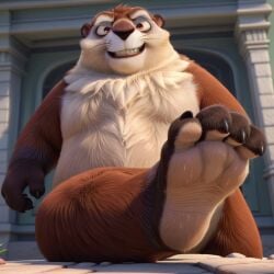 1boy 3_toes ai_generated broad_shoulders evil_grin fat fluffy foot_focus from_below full_body fur furry groundhog looking_at_viewer looking_down_at_viewer male no-human paws raised_foot short_legs smirk soles solo standing sweaty_feet the_nut_job