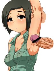 1boy arm_up armpit_sex armpits black_eyes black_hair blush bob_cut breasts censored cleavage clothing female hair_ornament hairclip hata_ranko kakoogan looking_at_viewer outercourse penis seitokai_yakuindomo short_hair simple_background