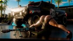1girls 3d ass ass_up big_ass blender cyberpunk_2077 female female_only heart_butt jack-o_pose panam_palmer sniper_rifle solo spread_legs thick_thighs yorhny