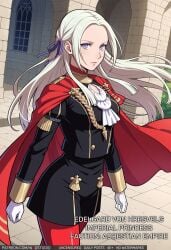 1girl ai-created ai_generated ascot blonde_hair breasts cape closed_mouth clothing company_name edelgard_von_hresvelg english_language english_text female fire_emblem fire_emblem:_fuukasetsugetsu garreg_mach_monastery_uniform gloves hair_ornament hair_ribbon high_resolution legwear long_hair long_sleeves looking_at_viewer pantyhose purple_eyes purple_ribbon red_cape red_legwear red_pantyhose ribbon shorts solo text uniform white_gloves white_hair wodstudio