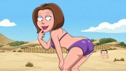 1female1male 20th_century_fox 20th_century_studios 2d 2d_(artwork) 2d_artwork adults_only beach beach_background bending_forward black_eyes black_hair bob_cut brown_hair caucasian_female caucasian_male drawing family_guy finger_on_lip glenn_quagmire gretchen_mercer hand_on_knee looking_at_another looking_at_another's_butt looking_at_ass looking_at_butt looking_back magenta_lipstick purple_swimsuit seductive seductive_body seductive_expression seductive_eyes seductive_female seductive_look seductive_mouth seductive_pose seductive_smile webart20