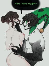 bite bite_mark_on_breast bite_marks black_hair black_hands brown_hair clawed_fingers exposed_breasts female_focus hand_on_hip hand_over_another's_mouth hand_over_mouth hands_on_breasts harlequin_(the_freak_circus) heart_on_clothing height_difference holding_breast large_teeth male/female nude_breasts nude_female_clothed_male pale-skinned_female pale_body pale_skin red_eyes self_upload sharp_teeth sitting_on_lap sitting_on_penis sitting_on_person size_difference yumeshipping