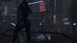 big_ass big_breasts city dark_background from_behind gun hood latex_clothing looking_away robot_girl vrchat