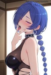 1girl 1girls 2026 ai_generated bangs bare_shoulders blue_hair blush braid breasts collar earrings from_side half-closed_eyes hoyoverse jewelry large_breasts long_hair looking_at_viewer mihoyo open_mouth promeia_(zenless_zone_zero) purple_eyes solo tagme tongue tongue_out upper_body v very_long_hair vortalis zenless_zone_zero