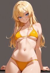 , 1girl ai_generated arm_support bangs bare_shoulders bikini black_background blonde_hair blue_eyes blush breasts collarbone cowboy_shot grin long_hair looking_at_viewer luci_(oc) medium_breasts mole navel shiny shiny_skin simple_background skindentation smile solo stomach string_bikini swimsuit uncensored