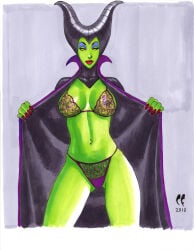 1girls 2010 big_breasts bra breasts chris_foulkes disney female female_only green_skin maleficent nipples nipples_visible_through_clothing panties sleeping_beauty_(1959_film) solo traditional_media_(artwork)