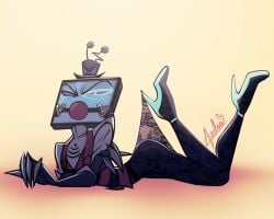 1boy antennae ass ball_gag blush claws gag gagged hat hazbin_hotel hellaverse high_heels looking_at_viewer male male_only no_pants on_stomach pantyhose pantyhose_pull partially_clothed red_sclera simple_background solo solo_male tv_head vox_(hazbin_hotel) wickedazelea