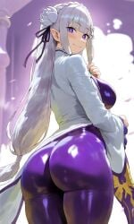 1girl 1girls 2026 ai_generated big_ass big_boobs big_breasts big_butt bodysuit curvy curvy_female curvy_figure emilia_(re:zero) huge_breasts large_ass large_breasts large_butt latex light-skinned_female light_skin looking_at_viewer looking_back mature_female purple_eyes re:zero_kara_hajimeru_isekai_seikatsu rear_view shao145 shiny_skin solo solo_female tagme white_hair
