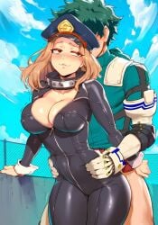 1boy 1girls ai_generated aksn big_breasts blush blushing boku_no_hero_academia brown_hair camie_utsushimi green_hair holding_hips huge_breasts izuku_midoriya large_breasts midoriya_izuku my_hero_academia public thick_thighs utsushimi_camie