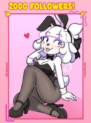 blush bunny_ears bunny_girl bunnysuit cute furry goat_girl heels milestone_celebration oc pinup playboy_bunny tail teasing vextexel white_hair