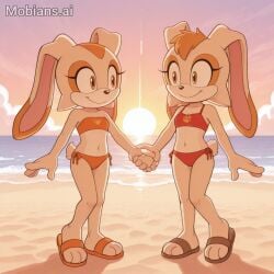 2girls aged_up ai_generated beach bikini_swimsuit cream_the_rabbit fanart female mobians_ai mudman91 rabbit sega sonic_the_hedgehog_(series) vanilla_the_rabbit
