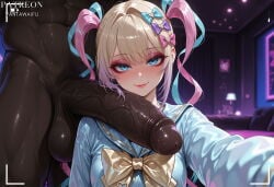 1boy 1girl abs ai_generated bangs black_skin blonde_hair blue_bow blue_eyes blue_hair blue_shirt blurry_background blush bow breasts chouzetsusaikawa_tenshi-chan closed_mouth clothed_female_nude_male clothing dark-skinned_male dark_skin erection eyeshadow female gradient_hair hair_bow hair_ornament heart_hair_ornament hetero huge_penis huge_testicles indoors interracial large_penis long_hair long_sleeves looking_at_viewer makeup male male_pubic_hair multicolored_hair multiple_hair_bows muscular muscular_male needy_girl_overdose needy_streamer_overload nude penis pink_bow pink_eyeshadow pink_hair pink_lips pubic_hair purple_bow quad_tails recording sailor_collar school_uniform serafuku shirt smile solo_focus testicles twintails upper_body vantawaifu veins veiny_penis very_dark_skin yellow_bow