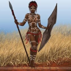 2d african african_female dark-skinned_female exposed_breasts frans_mensink mostly_nude naked outdoor_nudity outdoors shield spear tribal tribal_clothing tribal_markings white_body_markings