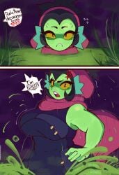 annoyed bananamusicc black_hair brawl_stars breasts cloak fish fish_girl green_skin hand_on_hip large_breasts looking_at_viewer safe short_hair slim_waist speech_bubble tagme thick_female tied_hair tight_clothing voluptuous wide_hips willow_(brawl_stars) yellow_sclera