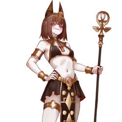 1girl 1girls 2026 ankh armband armbands artlongon bikini_armor black_bikini black_skirt blush brown_hair chara chara_(undertale) cleavage curvy egyptian egyptian_clothes gold_armor gold_belt hand_on_hip jackal_ears looking_at_viewer midriff pale_skin red_eyes short_hair smirk solo standing tagme thick_thighs thigh_cuffs toned undertale wrist_cuffs