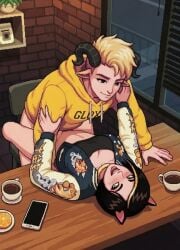1boy1girl cafe coffee_talk missionary missionary_position missionary_sex nekomimi pixel_art satyr