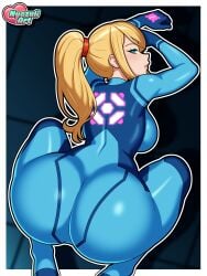 arched_back artist_logo artist_name ass ass_up background big_breasts blonde_hair blue_bodysuit blue_eyes blush bodysuit breasts hair_up high_ponytail large_breasts light_blush lips lipstick long_hair looking_at_viewer looking_back metroid nintendo nyazuliart on_the_floor outline samus_aran sidelocks white_border white_outline zero_suit zero_suit_samus