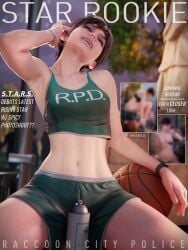 2026 3:4 3d abs absurd_res armpit armpit_fetish armpit_stubble armpits artist_name athletic_female belly_button blender_(artwork) brown_hair defined_abs depth_of_field eyes_closed female female_focus female_only film_grain fit_female gym_clothes gym_uniform hakkux half_naked magazine_cover outdoors photoshoot posing public raccoon_city rebecca_chambers resident_evil resident_evil_2 resident_evil_2_remake revealing_clothes short_hair shorts sportswear stomach tank_top text toned_female tummy watermark