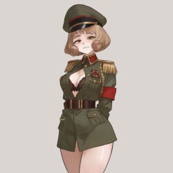 1girl artlongon blonde_hair blush brown_bra cleavage countryhumans countryhumans_girl curly_hair curvy exposed_cleavage green_uniform hazel_eyes large_breasts military_girl military_officer national_personification open_jacket peaked_cap russia_(countryhumans) russian shiny_skin short_hair short_skirt smirk solo thick_thighs wide_hips