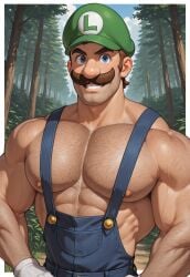 1boy abs ai_generated arm_hair blue_eyes blue_overalls brown_hair chest_hair clothing daddy dilf facial_hair gloves green_hat hat light-skinned_male light_skin looking_at_viewer luigi male male_nipples male_only manly mario_(series) mature mature_male muscles muscular muscular_male nintendo nipples open_mouth overalls pecs short_hair smile trees white_gloves