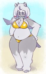 beach big_breasts blue_eyes breasts chubby chubby_female female female_only furry furry_female furry_only gold_bikini grey_body hips kuki_lupkun purple_hair thick thick_hips thick_legs thick_thighs white_fur white_hair wide_hips wide_thighs