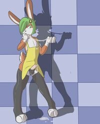 2012 anthro apron clothing cum cum_eating cum_on_clothes dripping erection fur furry furry_only gay green_eyes green_hair hair lagomorph legwear lotte_(munks) male male_on_male male_only mammal munks_(artist) penis rabbit shadow solo stockings yaoi