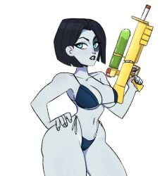bikini black_hair black_lipstick blue_eyes breasts domino_(marvel) hand_on_hip holding holding_object marvel navel pale_skin short_hair slim_waist swimsuit tagme thick_thighs vanillasketchy voluptuous water_gun wide_hips