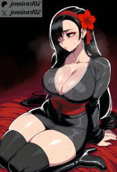 1girl ai_generated alternate_costume artist_name asymmetrical_bangs black_footwear black_hair black_kimono black_legwear black_thighhighs blush boots breasts cleavage closed_mouth clothing collarbone dangle_earrings earrings eyeliner eyeshadow female flower hair_behind_ear hair_flower hair_ornament hairband high_heel_boots high_heels japanese_clothes jennieart02 jewelry kimono large_breasts legwear long_hair long_sleeves looking_to_the_side low-tied_long_hair makeup nail_polish obi patreon patreon_logo patreon_username red_eyes red_eyeshadow red_flower red_hairband red_nails red_sash sash seiza short_kimono sitting skindentation solo steaming_body sweat swept_bangs thick_thighs thigh_boots thighhighs thighs tifa_lockhart traditional_clothes twitter twitter_username very_long_hair wafuku wariza watermark web_address