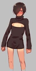 androgynous black_hair dark_skin hair_over_one_eye highres kazuma_ikezawa male male_only open-chest_sweater short_hair simple_background solo summer_wars sweater tan tanline tsukuru_(seki_sabato)