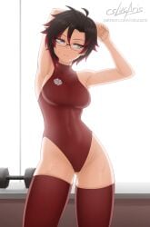 1girls alternate_costume artist_name brown_hair cslucaris glasses indoors leotard patreon_username red_leotard red_stockings ruby_rose rwby signature silver_eyes solo_female streaked_hair stretching weights workout