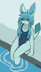 1boy 2026 ahoge anthro anthro_only blue_clothing blue_fur blue_hair blue_sclera blue_swimsuit bulge colored_sketch eyebrows eyebrows_visible_through_hair eyes_visible_through_hair feet_in_water fur fur_tuft furry furry_only indoor_pool indoors legs_in_water looking_at_viewer male male_only nintendo nose one-piece_swimsuit penismaster48 pokemon pokemon_(species) pool raffle_prize short_hair simple_background sitting sketch solo swimsuit tail thighs vaporeon water water_ripple white_eyes