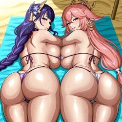 2girls ai_generated beach big_ass big_boobs big_breasts big_butt bikini curvy curvy_female curvy_figure curvy_hips curvy_thighs female_only genshin_impact huge_ass huge_breasts huge_butt large_ass large_breasts large_butt light-skinned_female light_skin looking_at_viewer looking_back lying lying_on_stomach mature_female micro_bikini pink_hair purple_eyes purple_hair raiden_shogun rear_view shao145 shiny_skin solo solo_female sweat sweaty thong towel yae_miko