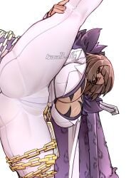 1girls asazaz12_nsfw_(artist) ass big_ass big_breasts big_butt breasts brown_hair clothed clothing female female_only fully_clothed limbus_company looking_at_viewer orange_eyes outis_(limbus_company) panties panties_visible_through_clothing project_moon simple_background standing standing_on_one_leg tattoo white_background white_clothing