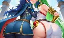 2girls ai_art ai_generated armor ass ass_grab bare_shoulders blue_dress blue_hair blush cape crossover curvy daylight dress face_grab faceless_female female female_focus female_only fire_emblem fire_emblem_awakening french_kiss green_hair highres huge_ass huge_breasts jewelry kid_icarus kid_icarus_uprising kiss kissing large_ass lesbian light-skinned_female long_hair lucina_(fire_emblem) multiple_females multiple_girls nintendo palucina palutena standing super_smash_bros. tongue tongue_kiss very_long_hair yuri