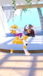 3d anthro beach canine_penis cock_on_face digimon erp furry handjob heckhound hellhound knotted_penis male/female renamon smiling torn_clothing virtual_reality vrchat