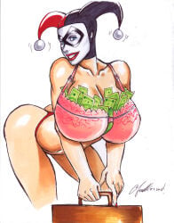2008 batman_(series) big_breasts bra breasts chris_foulkes cleavage dc_comics female female_only harley_quinn huge_breasts money_in_bra panties solo traditional_media_(artwork)