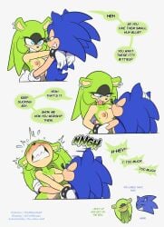1boy 1girls anthro blue_fur breast_sucking dialogue female green_fur gritted_teeth male nude sega small_breasts sonic_(series) sonic_the_hedgehog sonic_the_hedgehog_(series) surge_the_tenrec text the_other_half
