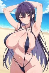 ai_generated beach haitekudasai_takamine-san huge_breasts long_hair micro_bikini purple_hair takamine_takane tony57 voluptuous_female