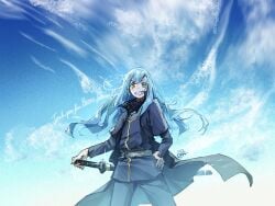 black_cape blue_sky cape chaos_creator commentary_request demonlorddante holding holding_sword holding_weapon katana king poyuiko_oekk rimuru_tempest sky slime_(substance) sword tempest_federation tensei_shitara_slime_datta_ken twitter weapon yellow_eyes