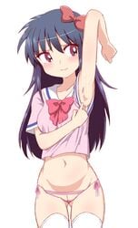 ageha_(kyoukai_no_rinne) armpits black_hair blush bow breasts clothing cum kyoukai_no_rinne long_hair navel panties purple_eyes pussy ribbon school_uniform smile thighhighs