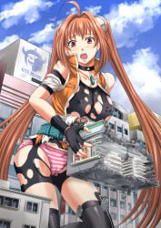brown_eyes brown_hair building_damage building_destruction crying crying_female destroyed_building eiyuu_densetsu embarassed embarrassed_female estelle_bright falcom fingerless_gloves giantess giantess_growth long_twintails macro macro_female mini_jacket orange_jacket outgrowing_clothes pink_panties ripped_clothes ripped_clothing ripped_pants ripped_pantyhose ripped_stockings shoulderless_topwear sora_no_kiseki striped_panties tagme_(artist) tears the_legend_of_heroes trails_in_the_sky trails_of_(series) twintails twintails_(hairstyle) wardrobe_malfunction