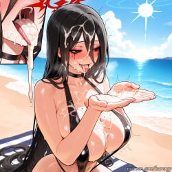 1girl after_fellatio ai_generated beach black_choker black_hair black_one-piece_swimsuit blue_archive blush breasts bukkake choker cleavage cum cum_in_mouth cum_on_body cum_on_breasts cum_on_hair cum_on_hands cum_on_tongue cupping_hands facial hair_between_eyes halo hasumi_(blue_archive) kurorgy large_breasts long_hair mole mole_under_eye ocean one-piece_swimsuit open_mouth own_hands_together red_eyes slingshot_swimsuit solo swimsuit tongue tongue_out trembling very_long_hair