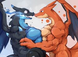 anthro anthrofied arm_grab blue_eyes charizard duo lifting male male_only mega_charizard mega_charizard_x mega_charizard_y mega_evolution muscles nintendo nude nuzzling open_mouth penis pokemon pokemon_(species) red_eyes surprised video_games waddledox weights wide_eyed wings